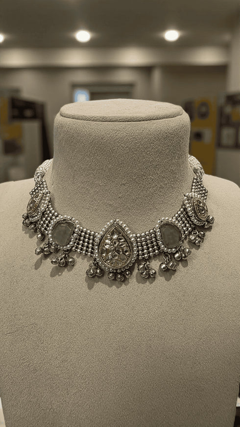 Oxidized Choker Necklace with Green Stones